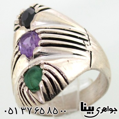 انگشتر چند جواهر مردانه زمرد و آمتیست و یاقوت سه نگین