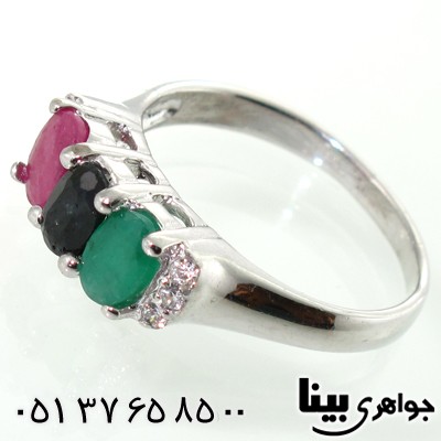 انگشتر چند جواهر یاقوت و زمرد زنانه طرح تاج