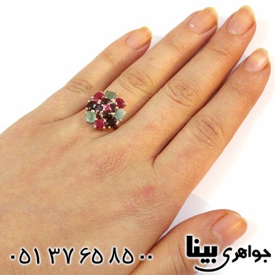 انگشتر چند جواهر یاقوت و زمرد زنانه گل میخک