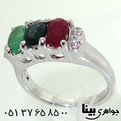 انگشتر چند جواهر زنانه زمرد و یاقوت طرح تاج