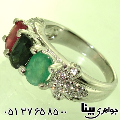 انگشتر چند جواهر زنانه یاقوت و زمرد طرح تاج درخشان