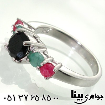 انگشتر چند جواهر زنانه یاقوت و زمرد طرح نیلوفر