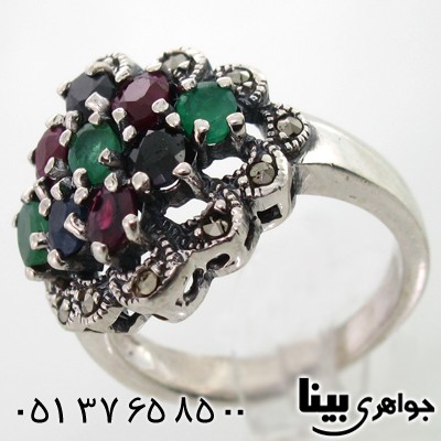 انگشتر چند جواهر زنانه  یاقوت و زمرد طرح مارکازیت