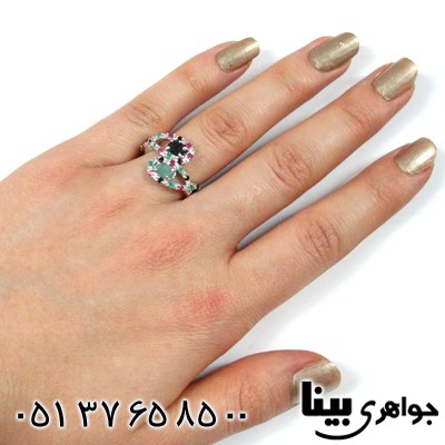 انگشتر چند جواهر یاقوت و زمرد زنانه دو پیچ