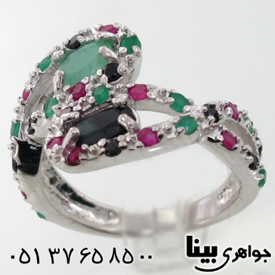 انگشتر چند جواهر یاقوت و زمرد زنانه دو پیچ