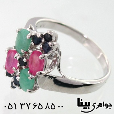 انگشتر چند جواهر زنانه یاقوت و زمرد طرح نگار