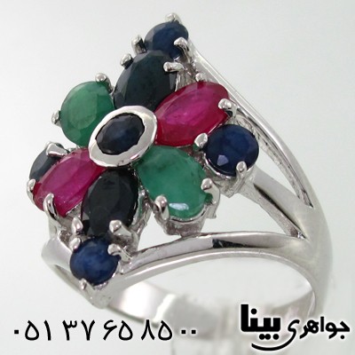 انگشتر چند جواهر زنانه یاقوت و زمرد طرح لوزی شیک