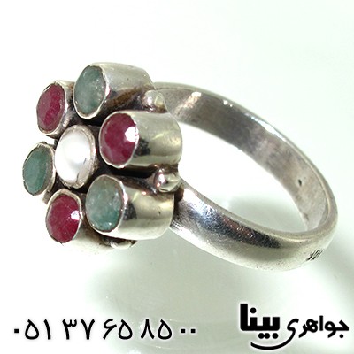 انگشتر چند جواهر یاقوت و زمرد و مروارید زنانه