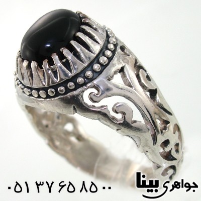 انگشتر عقیق سیاه (اونیکس) مردانه شبکه کاری