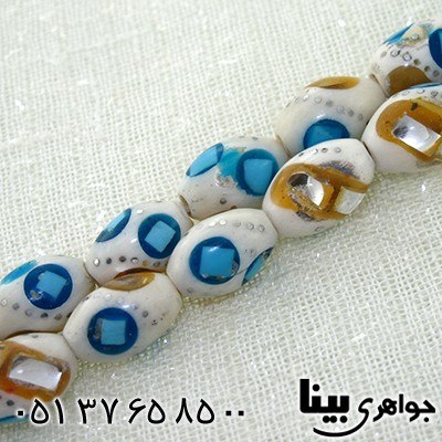 تسبیح استخوان 33 دانه ای نقره کوب، آینه کاری و مرصع کاری فیروزه مصری