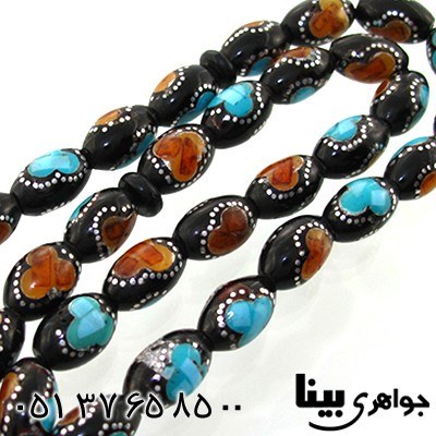 تسبیح یسر 33 دانه ای نقره کوب و مرصع کاری کهربا و فیروزه