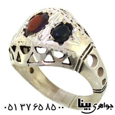 انگشتر چند جواهر یاقوت کبود، یاقوت گارنت و زبرجد مردانه درشت