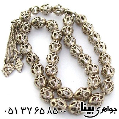 تسبیح نقره کروی طرح اره کاری سیاه قلم _کد:8883 تسبیح نقره کروی طرح اره کاری سیاه قلم _کد:8883