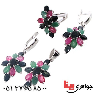 سرویس چند جواهر زمرد و یاقوت زنانه پر نگین مدل مهسا