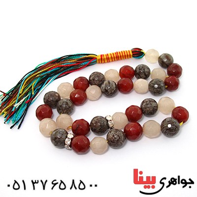 تسبیح چند جواهر 33 دانه ای عقیق و کوارتز و جید درجه یک با رنگ بندی خاص _کد:9139