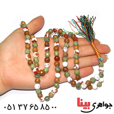 تسبیح چند جواهر 101 دانه ای درشت عقیق، کوارتز و جید درجه یک با رنگ بندی خاص _کد:9162