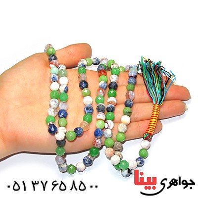 تسبیح چند جواهر 101 دانه ای درشت عقیق، کوارتز و جید درجه یک با رنگ بندی خاص _کد:9166