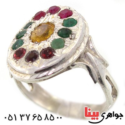 انگشتر چند جواهر زمرد، یاقوت و سیترین درشت حرزدار