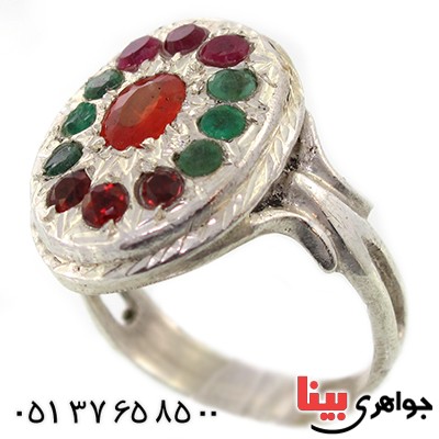 انگشتر چند جواهر زمرد، یاقوت و عقیق یمنی درشت حرزدار