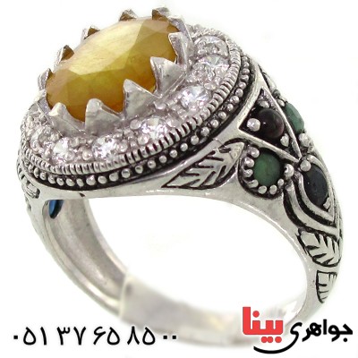 انگشتر یاقوت زرد مرغوب چند نگین مردانه سیاه قلم و برلیان کاری