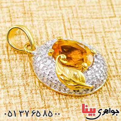 گردنبند سیترین و الماس زنانه مانی ایتالیایی مدل برگ طلایی