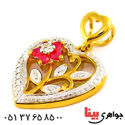 گردنبند یاقوت سرخ و الماس زنانه مانی ایتالیایی مدل قلب و گل