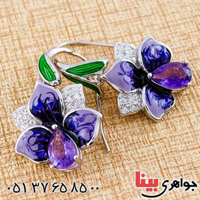 گوشواره آمتیست زنانه مانی ایتالیایی با میناکاری مدل گل