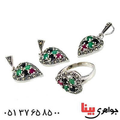 سرویس چند جواهر یاقوت و زمرد زنانه مارکازیتی درجه یک تایلندی مدل برگ