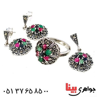 سرویس چند جواهر زمرد و یاقوت زنانه مارکازیت درجه یک تایلندی مدل شکوفه