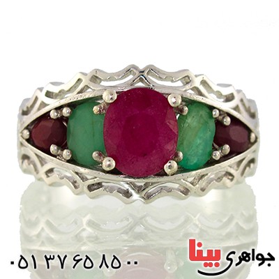 انگشتر چند جواهر یاقوت و زمرد مردانه رادیوم لوکس پنج نگین اسلیمی _کد:9575