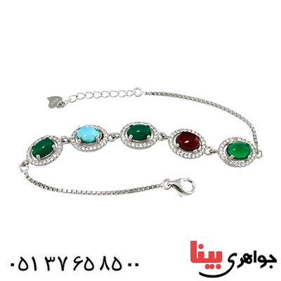 دستبند چند جواهر عقیق و فیروزه زنانه مدل نگارین _کد:9727