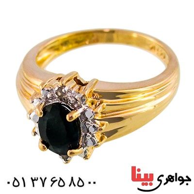 انگشتر یاقوت کبود و الماس زنانه مانی مدل شکوفه _کد:10056