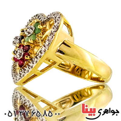 انگشتر چند جواهر یاقوت و زمرد زنانه مانی مدل قلب _کد:10069