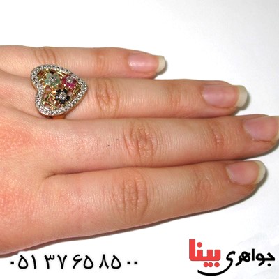 انگشتر چند جواهر یاقوت و زمرد زنانه مانی مدل قلب _کد:10069