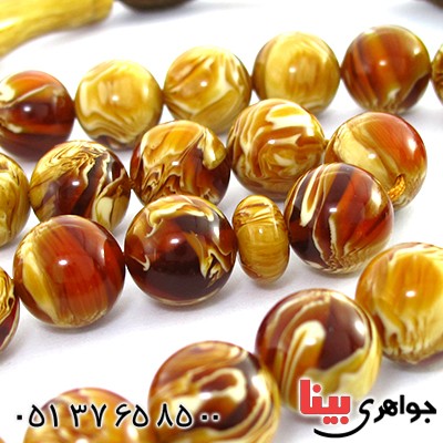 تسبیح سندلوس کهربایی 33 دانه ای درشت با عطر حرم مطهر