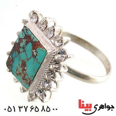 انگشتر فیروزه نیشابوری شجری زنانه درشت دور جواهری