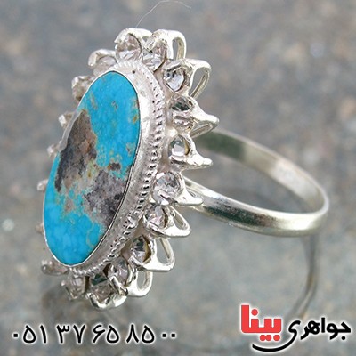 انگشتر فیروزه نیشابوری شجری درشت زنانه دور جواهری