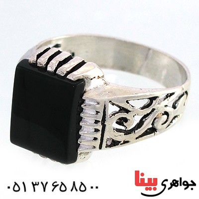 انگشتر عقیق سیاه (اونیکس) مربعی مردانه شبکه ای