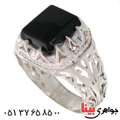 انگشتر عقیق سیاه (اونیکس) مربعی مردانه اسلیمی شبکه ای