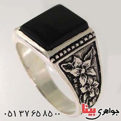 انگشتر عقیق سیاه (اونیکس) مربعی مردانه مدل گلستان