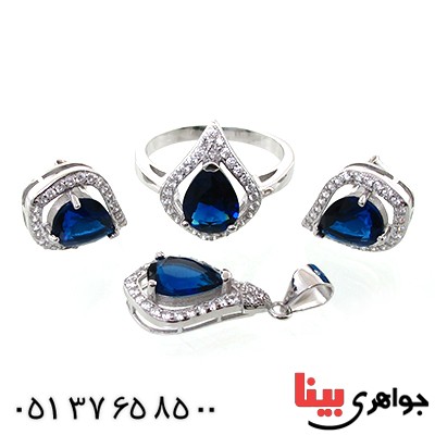 سرویس نقره زنانه نگین آبی شفاف مدل اشکی