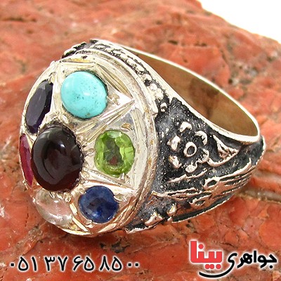 انگشتر چند جواهر مردانه درشت سیاه قلم مدل شمع و گل _کد:10748