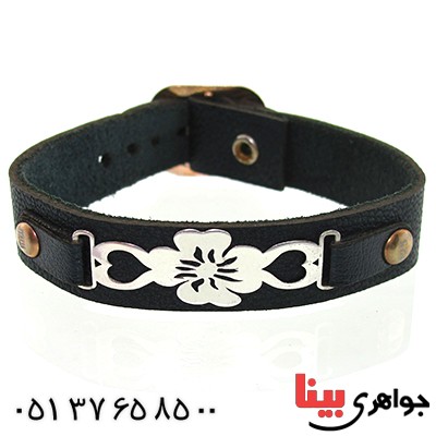 دستبند نقره و چرم طبیعی مدل گل