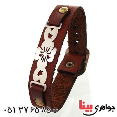 دستبند نقره و چرم طبیعی مدل گل