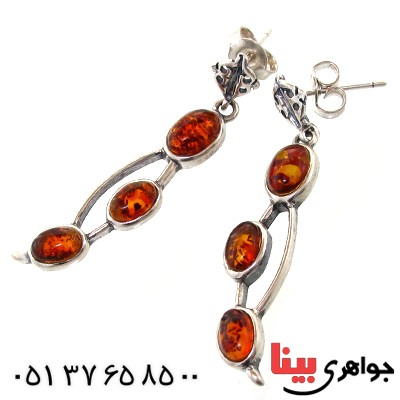 گوشواره کهربا درجه یک مدل آویز سه نگین