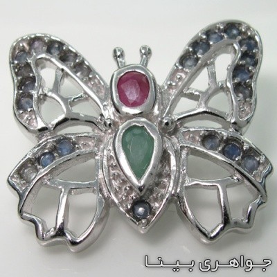 گردنبند چند جواهر پروانه یاقوت، زمرد