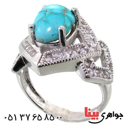 انگشتر فیروزه نیشابوری شجری درشت زنانه رودیوم لوکس